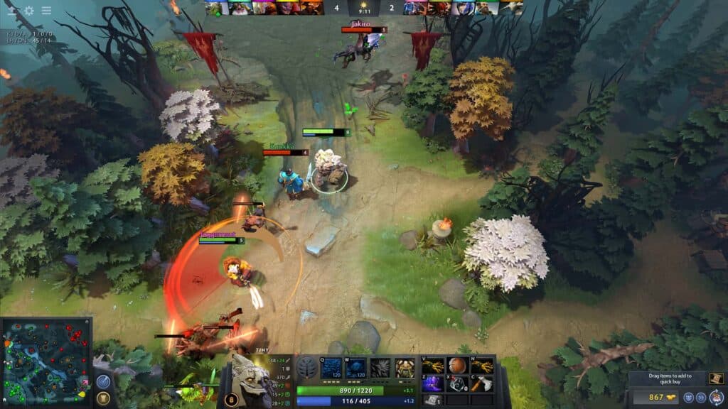 Tela do Dota 2 com jogadores posicionados por função na GG Arena